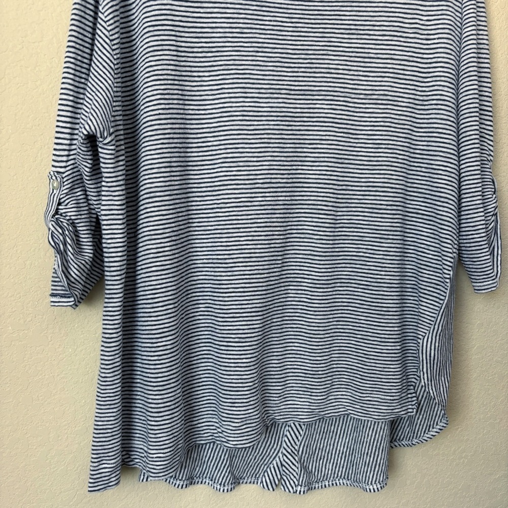 Adrienne Vittadini 2X Linen Three-quarter Sleeve Roll Tab Stripe Top Beachy - Picture 6 of 12
